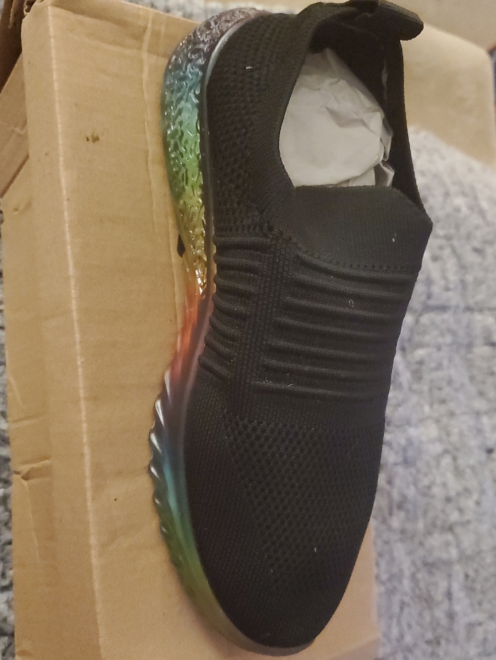 Women’s Black Knit Slip-On Sneaker with Rainbow Gradient Sole US 8.5